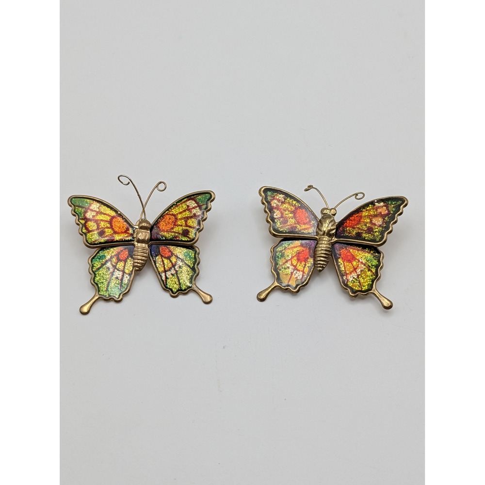 Vtg Enamel Foil Butterfly Brooch Pin Pair Green Yellow Orange Gold Tone